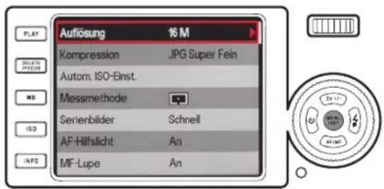 Auflösung 16 M Kompression JPG Super Fein Autom. ISO-Einst. Messmethode Serienbilder Schnell AF-Hilfslicht An MF-Lupe An