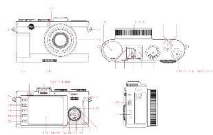 Technical schematic diagram of a mechanical device with labeled components and cross-sectional views