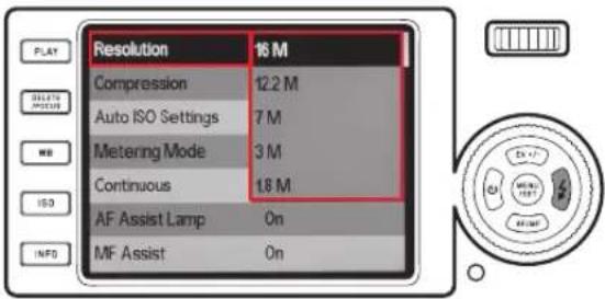Resolution 16 M Compression 12.2 M Auto ISO Settings 7 M Metering Mode 3 M Continuous 1.8 M AF Assist Lamp On MF Assist On