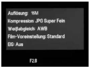 Auflösung: 16M Kompression: JPG Super Feln Weißabgleich: AWB Film-Voreinstellung: Standard EIS: Aus F2.8