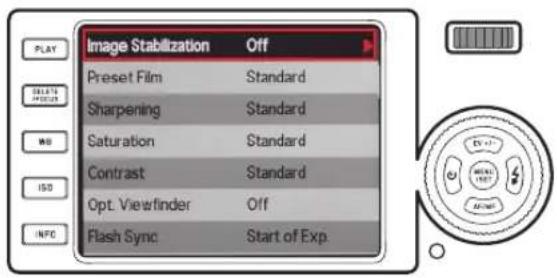 PLAY DELETE PREF either WB ISO INFO Image Stabilization Off Preset Film Standard Sharpening Standard Saturation Standard Contrast Standard Opt. Viewfinder Off Flash Sync Start of Exp.