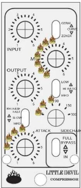 3 4 2 5 GERM CURVE ZENER 1 6 4 M 5 OUTPUT 3 4 2 5 LOW HI RATIO MHD 1 6 90 150 300 RHI FAST- FAST SLOW MHD ATTACK SIDECHAIN FULL BYPASS IN 1 6 1 5 LITTLE DEVIL COMPRESSOR