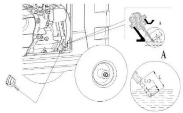 Technical diagram showing mechanical assembly with labeled components and water level indicators