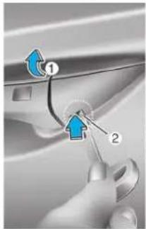 Diagram showing a hand holding a car door with labeled parts and directional arrows indicating motion or movement.