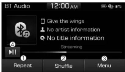 BT Audio 12:00 AM Give the wings No artist information No title information Streaming Repeat Shuffle Menu