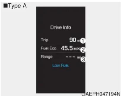 ■Type A Drive Info Trip 90 m Fuel Eco. 45.5 mpc Range --- mpc Low Fuel OAEPH047194N