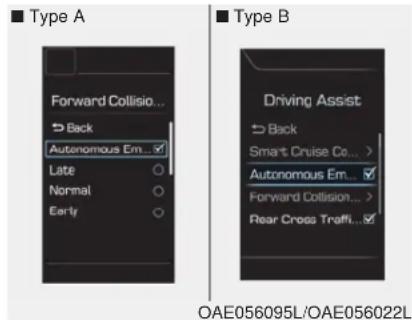 Type A Forward Collision... Back Autonomous Em... Late Normal Early Type B Driving Assist Back Smart Cruise Co... Autonomous Em... Forward Collision... Rear Cross Traffic... OAE056095L/OAE056022L