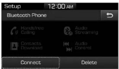 Setup 12:00 AM Bluetooth Phone Handfree Ceiling Audio Streaming Contacts Download Audio Control Connect Delete
