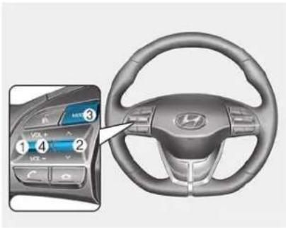 Diagram of a car's steering wheel with numbered UI controls and a close-up view of the dashboard