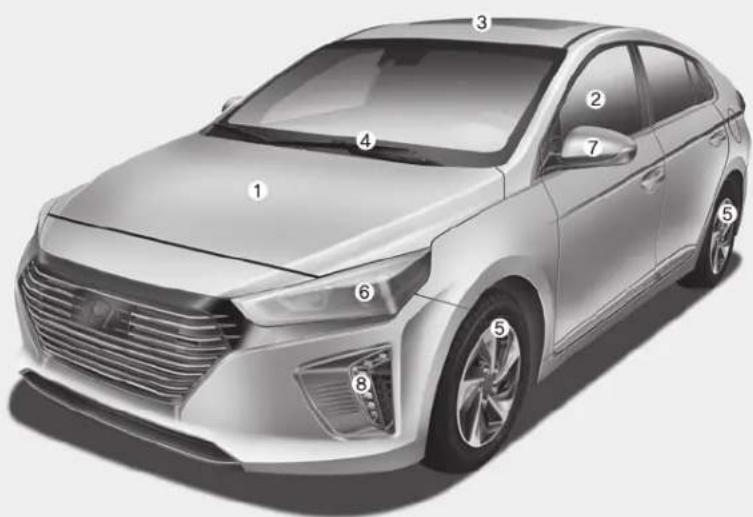 Technical diagram of a sedan with numbered parts for identification and rendering reference.