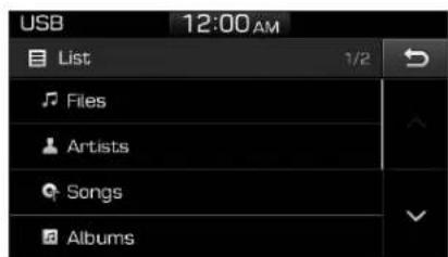 USB 12:00 AM List 1/2 Files Artists Songs Albums