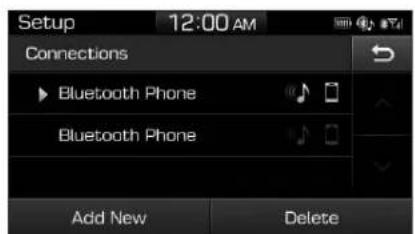 Setup 12:00 AM Connections Bluetooth Phone Bluetooth Phone Add New Delete