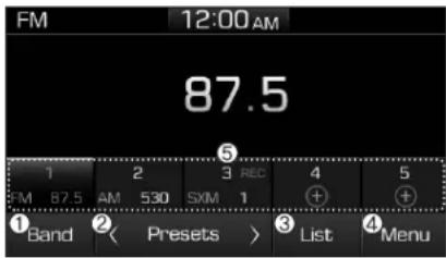 FM 12:00 AM 87.5 1 2 3 REC 4 5 FM 87.5 AM 530 SXM 1 + + ① Band ② Presets > ③ List ④ Menu