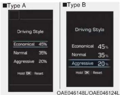 ■Type A Driving Style Economical 45% Normal 35% Aggressive 20% Hold OK : Reset ■Type B Driving Style Economical 45% Normal 35% Aggressive 20% Hold OK : Reset OAE046148L/OAE046124L