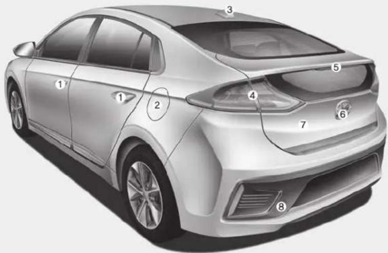 Technical diagram of a silver sedan with numbered anatomical labels pointing to specific car parts.