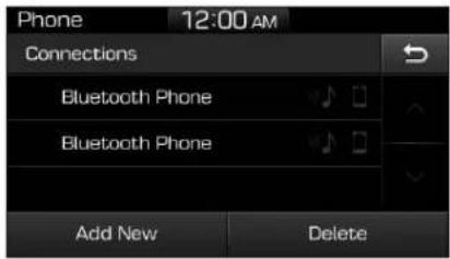 Phone 12:00 AM Connections Bluetooth Phone Bluetooth Phone Add New Delete