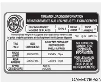 TIRE AND LOADING INFORMATION RENSEIGNEMENTS SUR LES PNEUS ET LE CHARGEMENT SEATING CAPACITY TOTAL 5 FRONT REAR NOMBRE DE PLACES AVANT 2 ARRÈRE 3 The contained weight of occupants and cargo should never exceed le poids total des occupants et du chargement ne doit jamais dépasser 385 kg or 849 bs. TIRE SIZE COLD TIRE PRESSURE SEE OWNER'S PNEU DIMENSIONS PRESSION DES ADDITIONAL FRONT PRESSIONS AVANT 20555R16 250kPa, 36psi REXR 20555R16 235kPa, 34psi ARRÈRE SPARE NONE D'LE MANUEL DE SECOURS AUQUIN POUR PLUS DE RENSEIGNEMENTS SEE OWNER'S MANUAL FOR ADDITIONAL INFORMATION VOIR LE MANUEL DE L'USAGER POUR PLUS DE RESEIGNEMENTS OAEE076052N