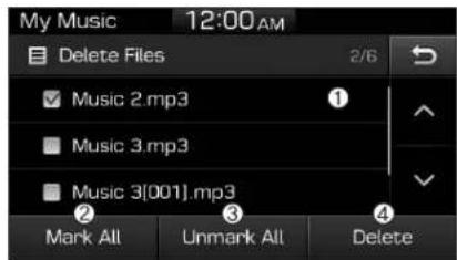 My Music 12:00 AM Delete Files 2/6 Music 2.mp3 ① Music 3.mp3 Music 3[001].mp3 Mark All Unmark All Delete