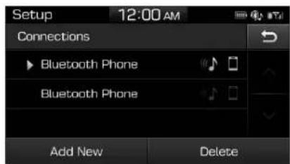 Setup 12:00 AM Connections Bluetooth Phone Bluetooth Phone Add New Delete