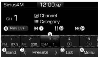 SiriusXM 12:00 AM CH 1 Channel Category Play Live 7 11 8 9 1 2 3 PM 4 5 FM 67.5 AM 530 SXM 1 ④ ④ Band Presets List Menu