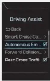 Driving Assist Back Smart Cruise Co... > Autonomous Em... Forward Collision... Rear Cross Traffic...