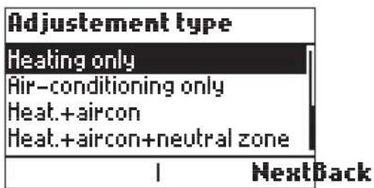 Adjustment type Heating only Air-conditioning only Heat.+aircon Heat.+aircon+neutral zone 1 NextBack