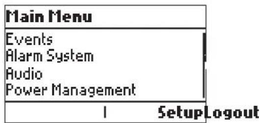 Main Menu Events Alarm System Audio Power Management SetupLogout