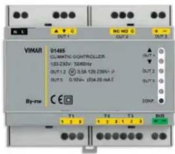 VIMAR D1485 CLIMATE CONTROLLER 120-230V~ 55460Hz OUT 1.2 3.5A 120-230Hz/μ OUT 3 0.10V~ (EIA-25 mA F Dy-tim CE T1 T2 T3 BUS OUT 1 OUT 2 OUT 3 DCMP