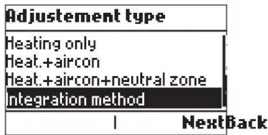 Adjustment type Heating only Heat.+aircon Heat.+aircon+neutral zone Integration method NextBack
