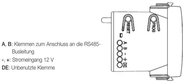 A, B: Klemmen zum Anschluss an die RS485-Busleitung -, +: Stromeingang 12 V DE: Unbenutzte Klemme