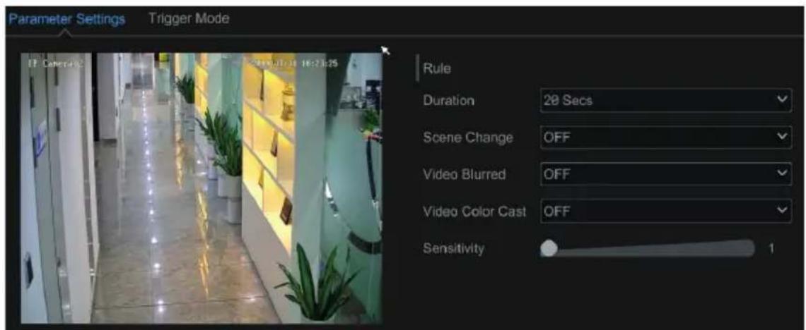 Parameter Settings Trigger Mode TF General 2011.01.10 16:73:25 Rule Duration 20 Secs Scene Change OFF Video Blurred OFF Video Color Cast OFF Sensitivity 1
