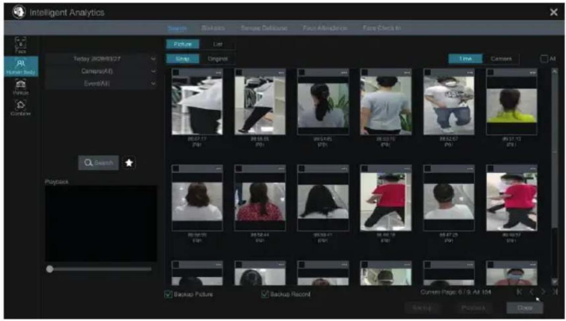 Intelligent Analytics Scene Workshops Save DeliTours Face Allings Face Click In Picture List Today 2028/03/27 Camera(All) Evers(All) Snap Original Time Camera All Backup Picture Backup Record Current Page: 6 / 9. All 154 BackUp PlayUpA Down