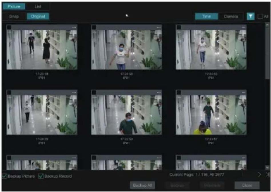 Picture List Snap Original Time Camera All 17:26:18 E91 17:24:58 IP91 17:24:55 IP81 17:04:29 IP81 17:23:59 IP81 17:23:57 IP81 Backup Picture Backup Record Current Page: 1 / 116. All 2077 Backup All BackUp Fileback Close