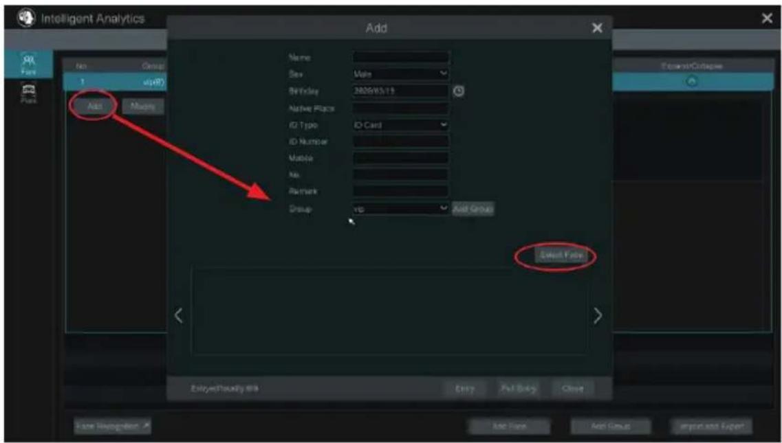 Intelligent Analytics Add Name Sex Male Birthday 2024/05/13 Native Place ID Type ID Card ID Number Maple No. Remark Group v6 Add Group Select Focus Entry:Passify Path Entry Fail Back Close Save Navigation Add Name Add Group Import and Export