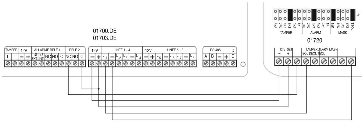 01700.DE 01703.DE TAMPER 12V ALLARME RELÉ 1 RELÉ 2 T T - + +S EXT +S INT NC NO C NC NO C 12V LINEE 1 - 4 12V LINEE 5 - 8 - + L 1 - L 2 L 3 - L 4 - + L 5 - L 6 - L 7 - L 8 RS 485 D A B - + E 01720 12 V SET - + TAMPER ALARM MASK EOL DEOL TEOL J1 6H8 5H6 AT 3H3 2H2 1K R68 5H6 AT 3H3 2H2 1K R68 ALARM 13K 12K R62 2K2 TEOL MASK 01720