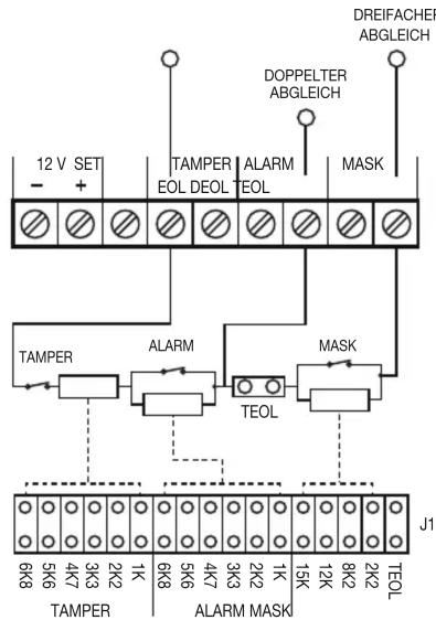 DREIFACHER ABGLEICH 12 V SET - + TAMPER EOL DEOL ALARM TEOL MASK DOPPELTER ABGLEICH TAMPER ALARM TEOL MASK J1 6K8 5K6 4K7 3K3 2K2 1K 6K8 5K6 4K7 3K3 2K2 1K 15K 12K 8K2 2K2 TEOL