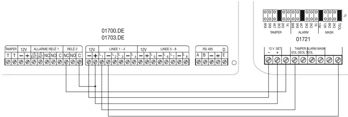 01700.DE 01703.DE TAMPER 12V ALLARME RELÉ 1 RELÉ 2 T T - + +S EXT +S INT NC NO C NC NO C 12V LINEE 1 - 4 12V LINEE 5 - 8 - + L1 - L2 L3 - L4 - + L5 - L6 L7 - L8 RS 485 D A B - + E 01721 12 V SET - + TAMPER ALARM MASK EOL DEOL TEOL