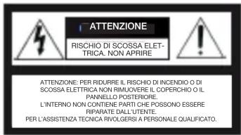 ATTENZIONE RISCHIO DI SCOSSA ELETTRICA. NON APRIRE ATTENZIONE: PER RIDURRE IL RISCHIO DI INCENDIO O DI SCOSSA ELETTRICA NON RIMUovere IL COPERCHIO O IL PANNELLO POSTERORE. L'INTERNO NON CONTENIE PARTI CHE POSSONO ESSERE RIPARATE DALL'UTENTE. PER L'ASSISTENZA TECNICA RIVOLGERSI A PERSONALE QUALIFICATO.