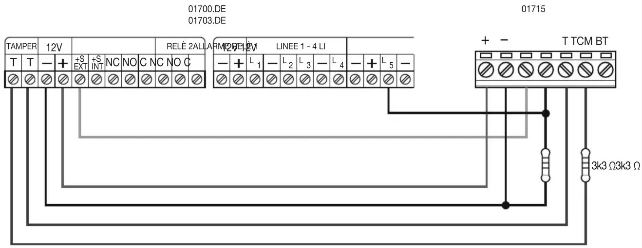 01700.DE 01703.DE TAMPER 12V T T - + +S EXT +S INT NC NO C NC NO C RELÉ 2ALLA M12 VELÈ 1 LINEE 1 - 4 LI - + L₁ - L₂ L₃ - L₄ - + L₅ - 01715 + - T TCM BT 3k3 Ω3k3 Ω