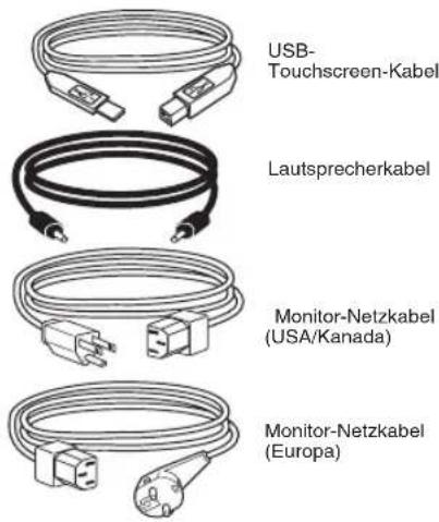 USB- Touchscreen-Kabel Lautsprecherkabel Monitor-Netzkabel (USA/Kanada) Monitor-Netzkabel (Europa)