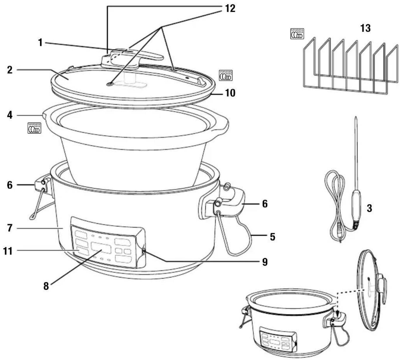 Labeled diagram of a rice cooker with numbered parts and corresponding electrical components including a power strip, fan, and control panel.