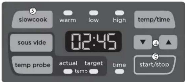 slowcook warm low high temp/time sous vide 02:45 temp probe actual target temp time start/stop