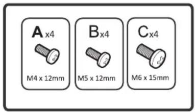 A x4 M4 x 12mm B x4 M5 x 12mm C x4 M6 x 15mm