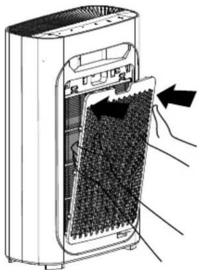 Diagram of a portable air purifier with heat sink and cooling fins, showing internal structure and airflow direction (no text or symbols)
