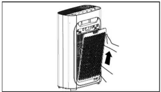 Diagram of a device with a grid-like panel inserted into a housing, showing hand placement and an arrow indicating direction (no text or symbols present).