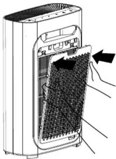 Diagram of a portable air purifier with internal mesh structure and hand placement arrows (no text or symbols)