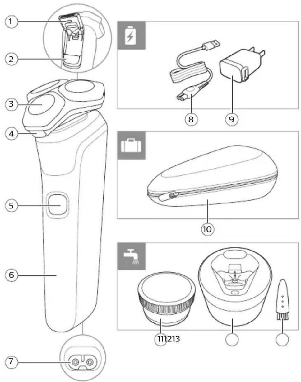 Technical diagram of an electric shaver with labeled parts including battery, charger, case, and water filter.
