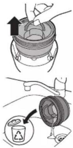 Diagram illustrating a mechanical assembly process with labeled parts and a recycling symbol