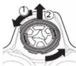 Diagram of a mechanical or electrical component with numbered parts and directional arrows indicating motion or flow.