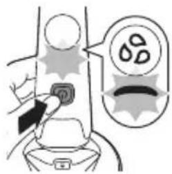 Diagram showing a hand pressing a button on a vehicle's seat with a circular icon containing water symbols and text.